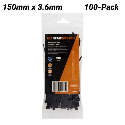 GEARWRENCH GWB6100 100-Pack 150mm x 3.6mm Black Cable Ties
