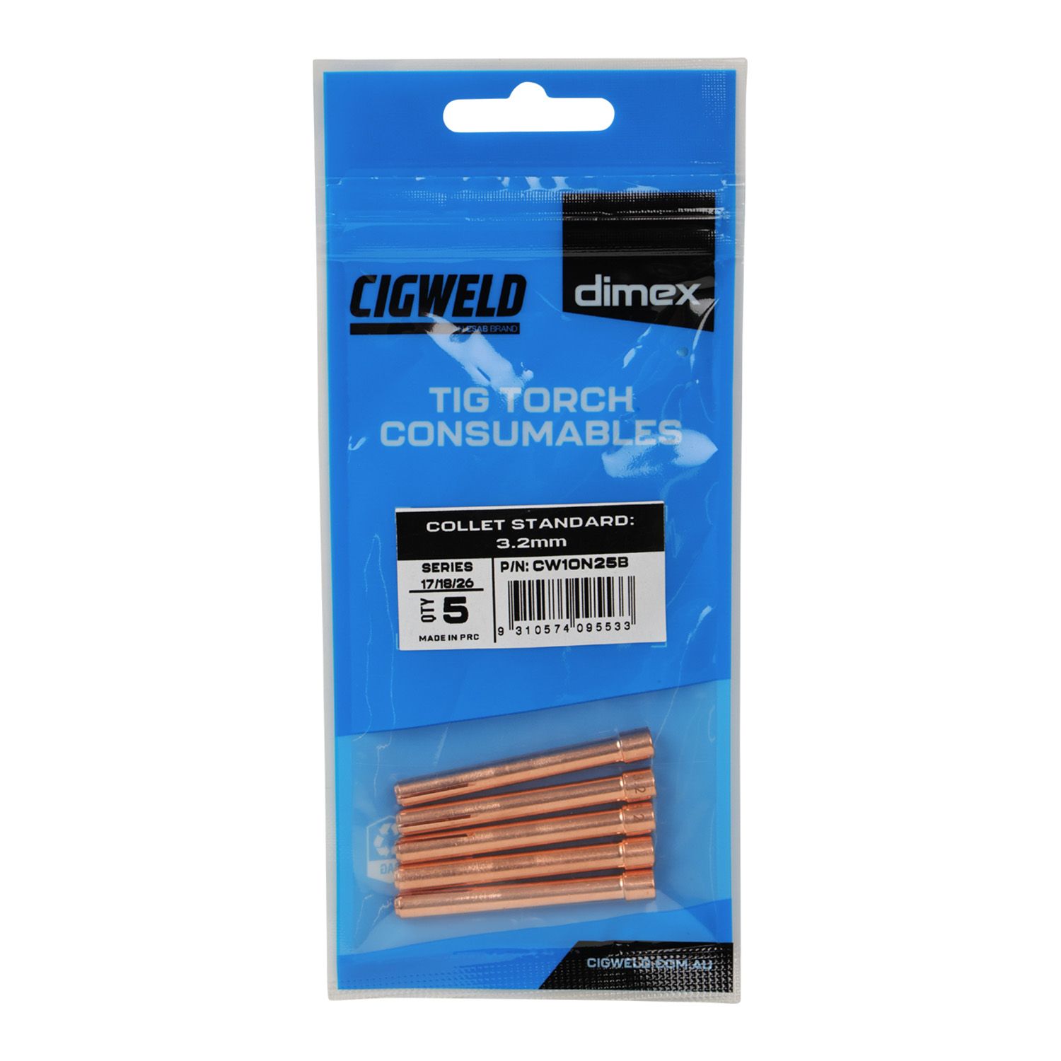 Cigweld CW10N25B 5-Pack Dimex 3.2mm 17/18/26 Series Standard Collets – image 3