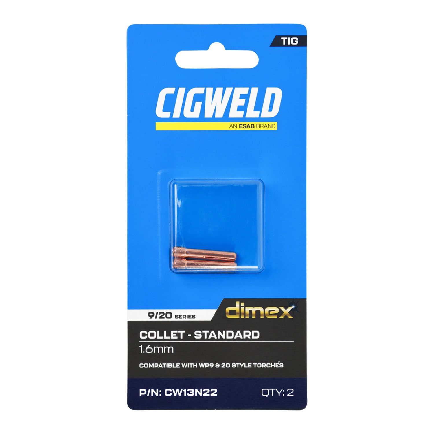 Cigweld CW13N22 2-Pack Dimex 1.6mm 9/20 Series Standard Collets – image 3
