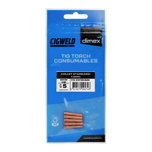 Cigweld CW13N22B 5-Pack Dimex 1.6mm 9/20 Series Standard Collets – image 3
