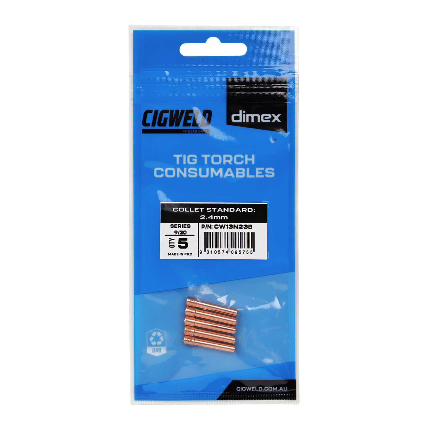 Cigweld CW13N23B 5-Pack Dimex 2.4mm 9/20 Series Standard Collets – image 3