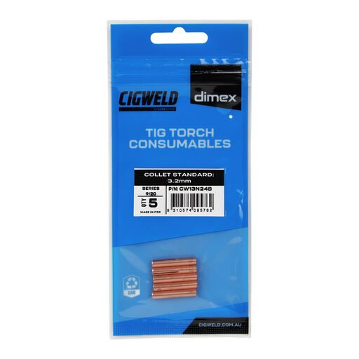 Cigweld CW13N24B 5-Pack Dimex 3.2mm 9/20 Series Standard Collets – image 3