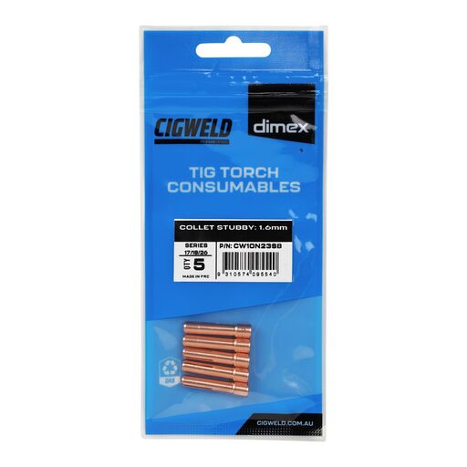Cigweld CW10N23SB 5-Pack Dimex 1.6mm 17/18/26 Series Stubby Collets – image 3