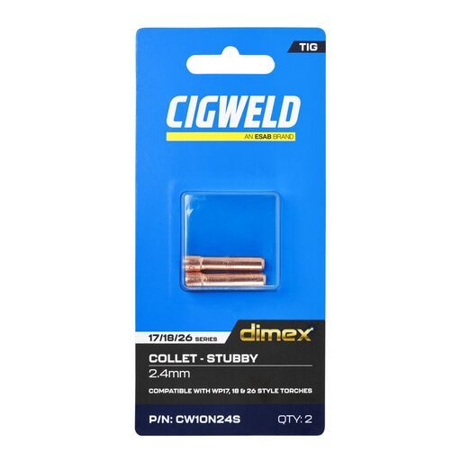 Cigweld CW10N24S 2-Pack Dimex 2.4mm 17/18/26 Series Stubby Collets – image 3