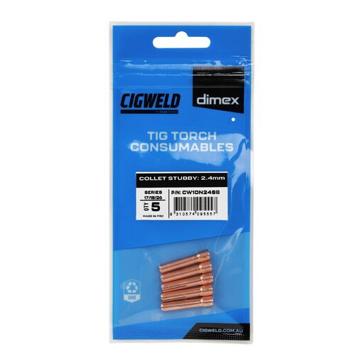 Cigweld CW10N24SB 5-Pack Dimex 2.4mm 17/18/26 Series Stubby Collets – image 3