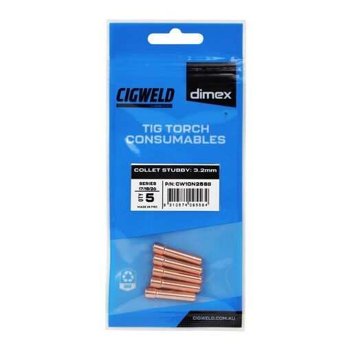 Cigweld CW10N25SB 5-Pack Dimex 3.2mm 17/18/26 Series Stubby Collets – image 3