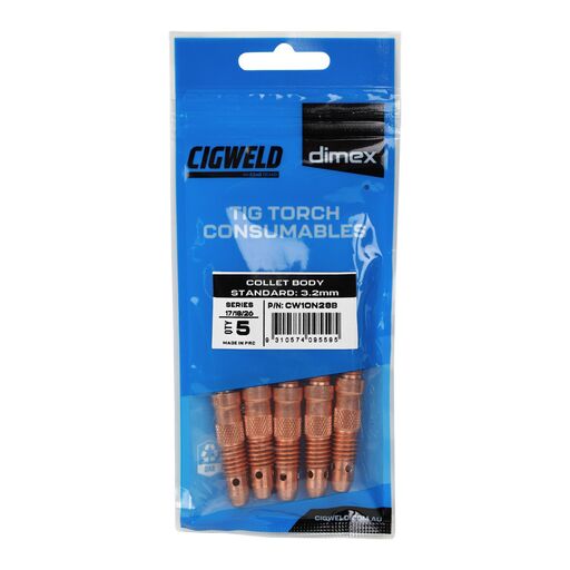 Cigweld CW10N28B 5-Pack Dimex 3.2mm 17/18/26 Series Standard Collet Body – image 3