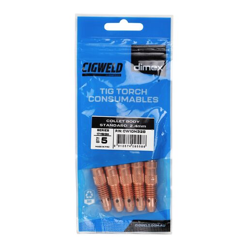 Cigweld CW10N32B 5-Pack Dimex 2.4mm 17/18/26 Series Standard Collet Body – image 3
