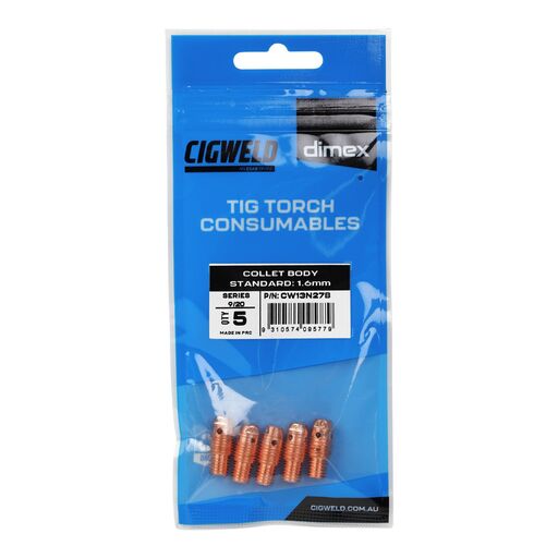 Cigweld CW13N27B 5-Pack Dimex 1.6mm 9/20 Series Standard Collet Body – image 3