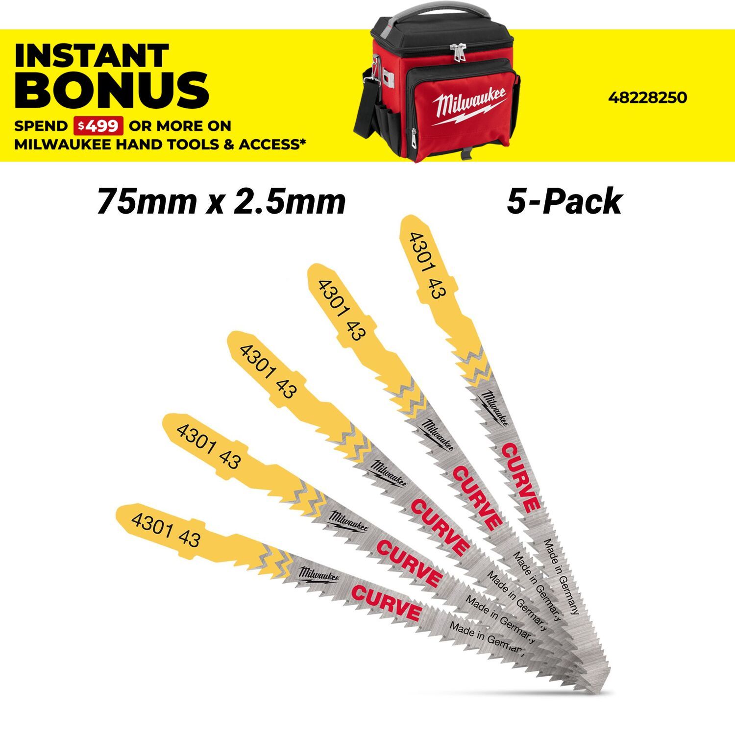 Milwaukee 4932430143 5-Pack 75mm x 2.5mm Wood Curve Cut Jigsaw Blades – image 1