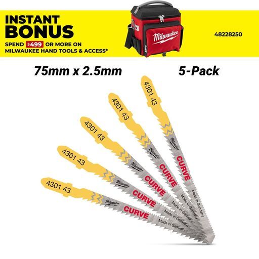 Milwaukee 4932430143 5-Pack 75mm x 2.5mm Wood Curve Cut Jigsaw Blades