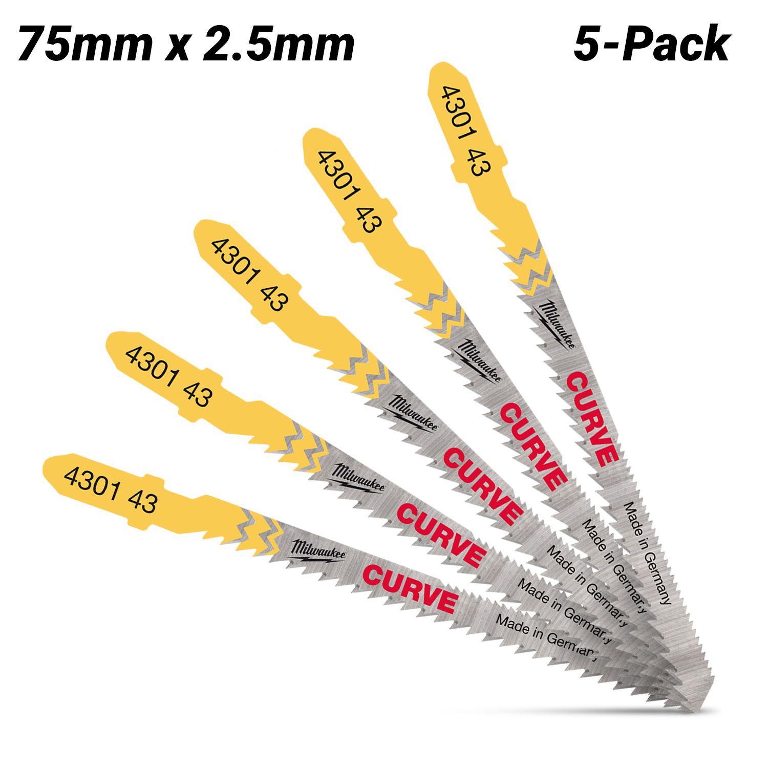 Milwaukee 4932430143 5-Pack 75mm x 2.5mm Wood Curve Cut Jigsaw Blades – image 2