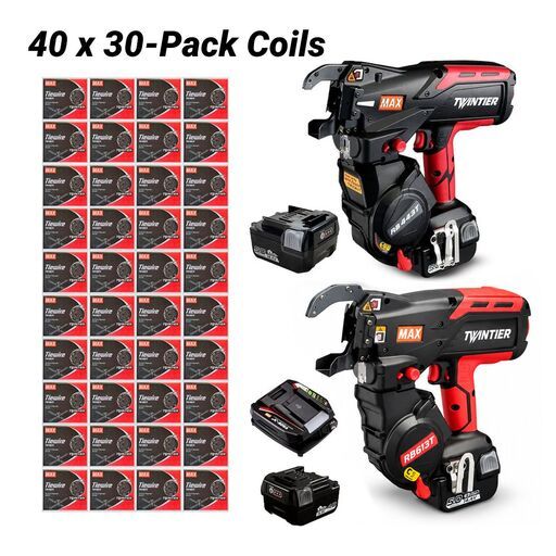 MAX MEGA-MAX-RB443-RB613 4.4V 4.0Ah/5.0Ah Li-ion Twin Tier Cordless Rebar Tying Tool + Brushless TwinTier Rebar Tie Gun with 40 x 30-Pack 2 x 1mm Tie Wire Coils – image 3