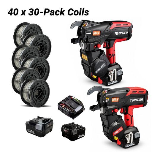 MAX MEGA-MAX-RB443-RB613 4.4V 4.0Ah/5.0Ah Li-ion Twin Tier Cordless Rebar Tying Tool + Brushless TwinTier Rebar Tie Gun with 40 x 30-Pack 2 x 1mm Tie Wire Coils