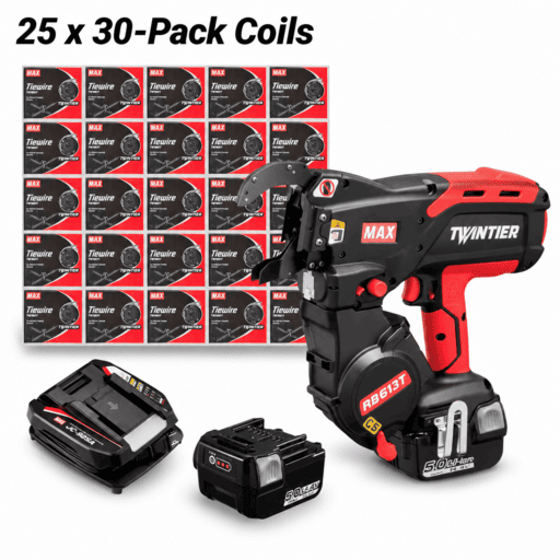 MAX RB613T-25PCK 14.4V 4.0Ah Li-ion Cordless Brushless TwinTier Rebar Tie Gun Combo Kit with 25 x 30-Pack 2 x 1mm Tie Wire Coils – image 3