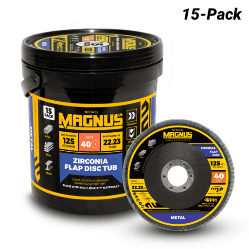 [Temporarily Out Of Stock] MAGNUS MFD40G 15-Pack 125mm 40 Grit Zirconia Flap Disc Tub