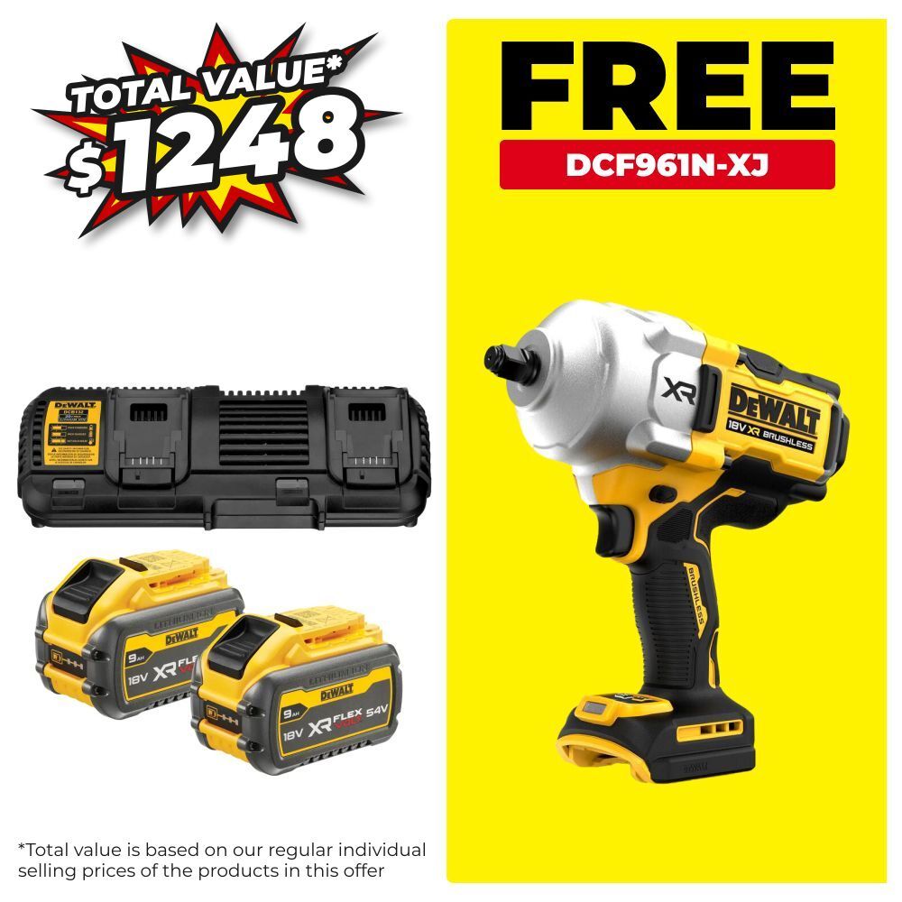 DeWalt DCB132X2-XE1 18V-54V 9.0Ah XR Flexvolt Li-Ion Batteries & Dual Port Charger Starter Set with BONUS DCF961N-XJ – image 1