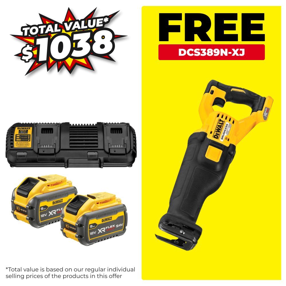 DeWalt DCB132X2-XE5 18V-54V 9.0Ah XR Flexvolt Li-Ion Batteries & Dual Port Charger Starter Set with BONUS DCS389N-XJ – image 1