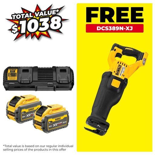 DeWalt DCB132X2-XE5 18V-54V 9.0Ah XR Flexvolt Li-Ion Batteries & Dual Port Charger Starter Set with BONUS DCS389N-XJ