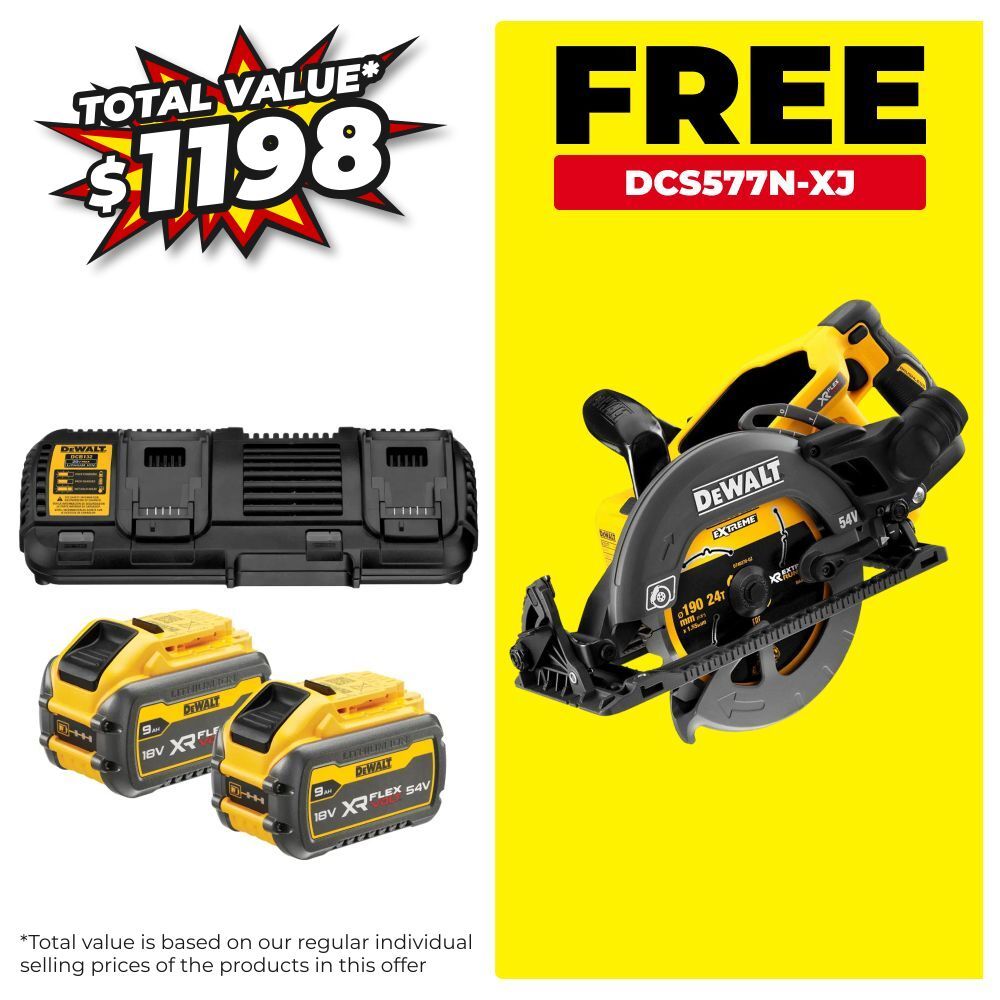 DeWalt DCB132X2-XE6 18V-54V 9.0Ah XR Flexvolt Li-Ion Batteries & Dual Port Charger Starter Set with BONUS DCS577N-XJ – image 1