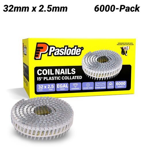 Paslode B25200 6000-Pack 32mm x 2.5mm 15° Electro Galvanised Hardened Screw Shank Coil Nails