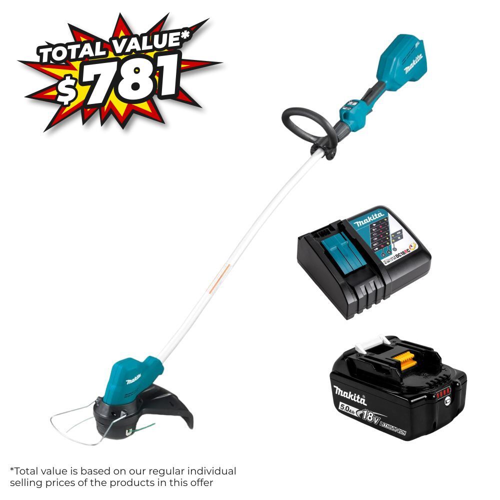 Makita DUR189RT 18V 5.0Ah Li-Ion Cordless Brushless 300mm Line Trimmer Value Pack Combo Kit – image 1