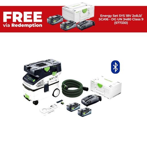 Festool CTLC MINI I-Plus (578298) 18V 8.0Ah Li-ion Cordless Bluetooth 10 Litre L Class Mobile Wet & Dry Dust Extractor Energy Set
