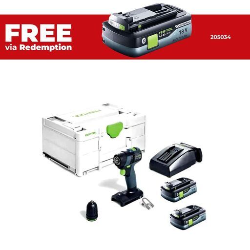 Festool TXS 18 C4.0-Plus (578284) 18V 4.0Ah Li-ion Cordless Bluetooth HighPower Compact 2 Speed Drill Set with Systainer