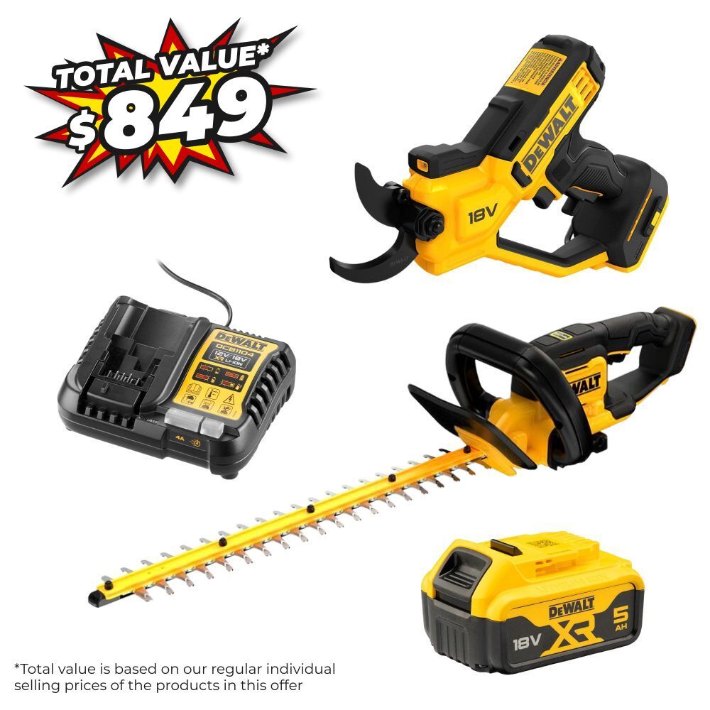 DeWalt DCKO005P1-XE 18V XR 5.0Ah Li-ion Cordless Power Pruner Shears + Hedge Trimmer Value Combo Kit – image 1