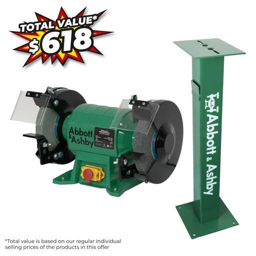 Abbott & Ashby ATBG1100/8+ATPED-HDK 1100W 200mm (8") Professional Bench Grinder with NVR Switch with Heavy Duty Bench Grinder Pedestal