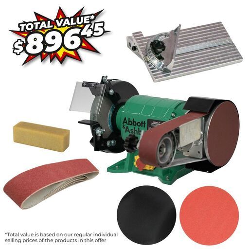 Abbott & Ashby AA362W81100-KIT4 1100W 200mm (8") Professional Bench Grinder with AA362 Linishing Attachment Value Pack Combo Kit