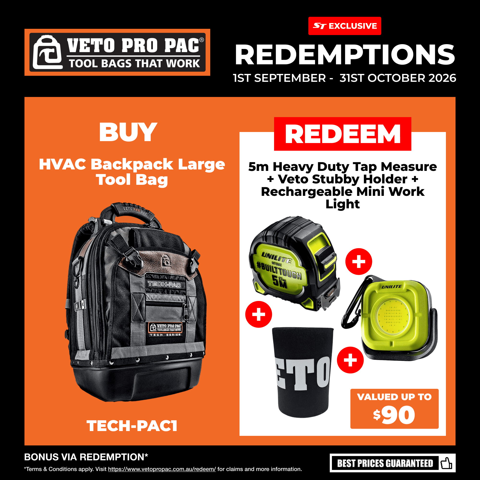 Veto Pro Pac TECH-PAC1 (VPP10070) 360mm x 250mm x 555mm HVAC Backpack Large Tool Bag – image 3